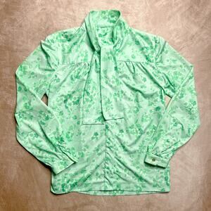 Vintage 70s Green Floral Print Polyester Long Sleeve Blouse Attached Neck Tie